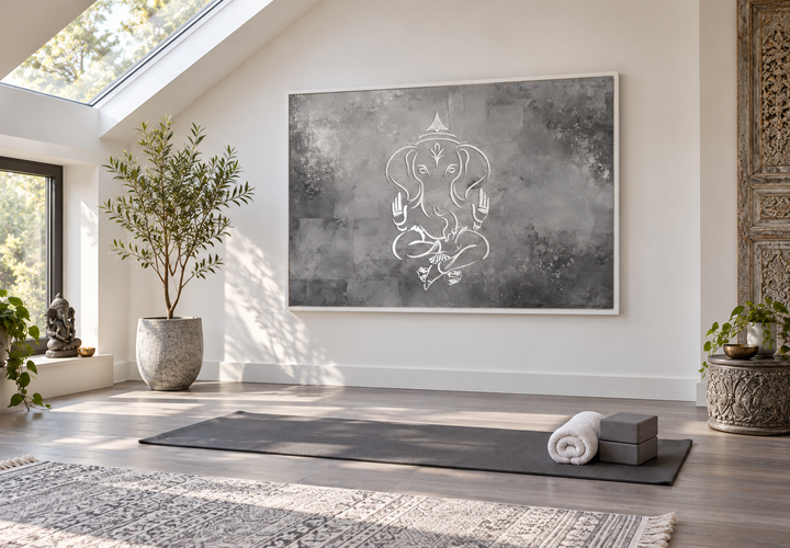 Grey silver white minimalist Lord Ganesh framed canvas wall art in a serene yoga room setting.