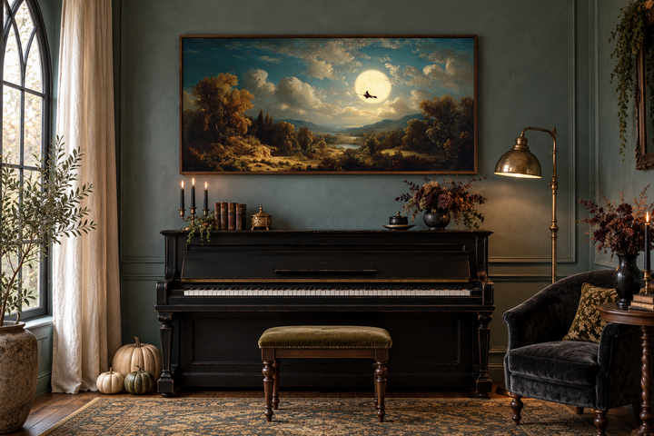 Hexe auf Besen – Halloween-Wandbild – Gotische Vollmondlandschaft