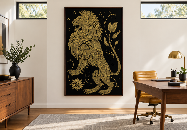 Heraldic black and gold lion canvas print in a walnut frame above a mid-century modern office desk.