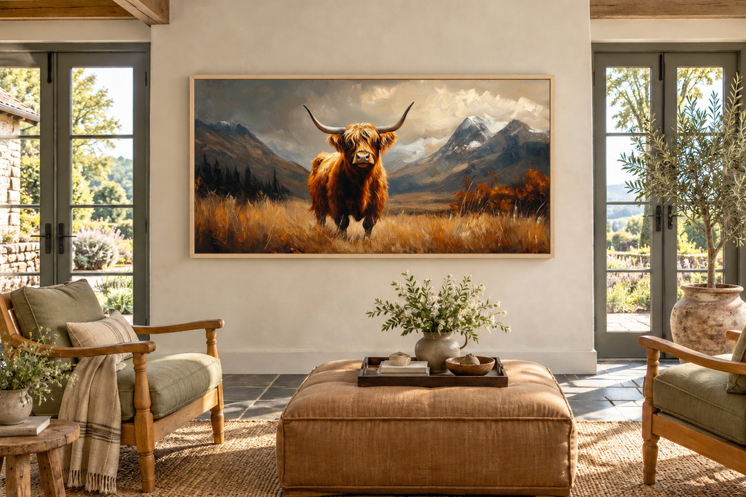 Leinwandbild „Highland Cow“ auf brauner Landschaft, gerahmt