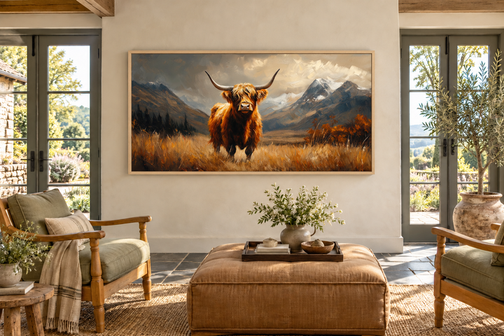 Leinwandbild „Highland Cow“ auf brauner Landschaft, gerahmt