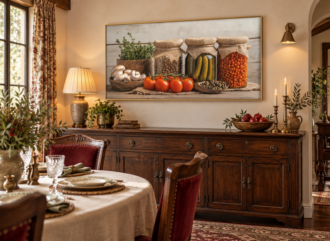 Spices and pickles framed canvas wall art above a wooden sideboard in a rustic dining room.