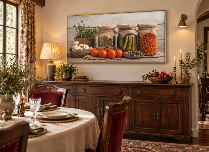 Spices and pickles framed canvas wall art above a wooden sideboard in a rustic dining room.