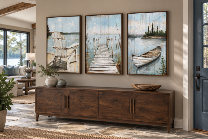 Set of 3 rustic lake house wall art featuring a fishing dock, old boat, and Adirondack chair.