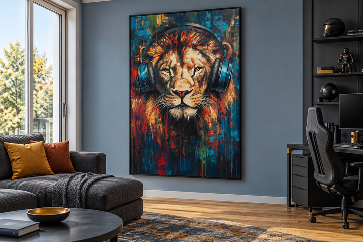 Lion DJ with headphones framed wall art in a modern man cave with a desk and sofa.