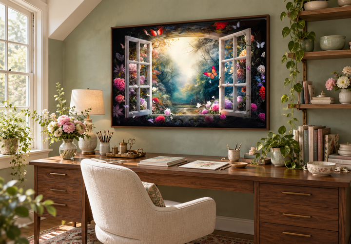 Enchanted forest wall art with an open window view, framed above a wooden desk in a home office.