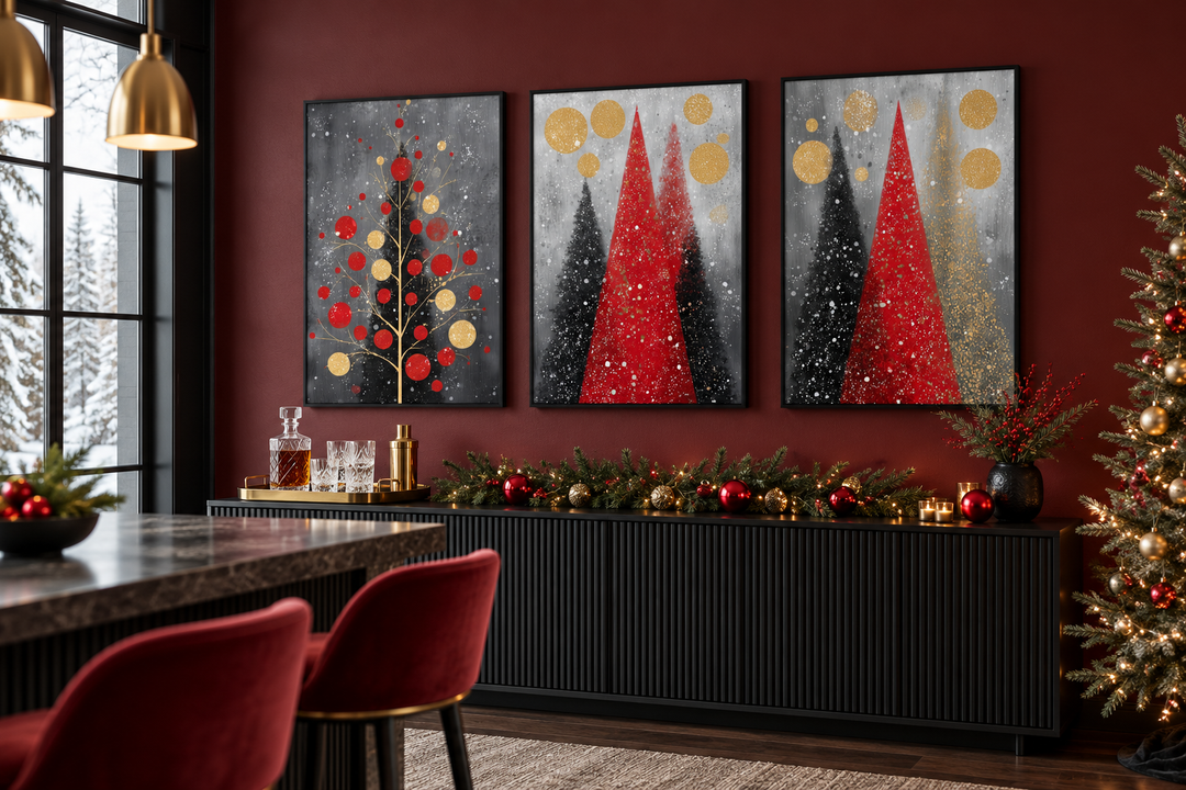 Modern Christmas wall art set of 3 featuring red and black holiday tree canvas prints.