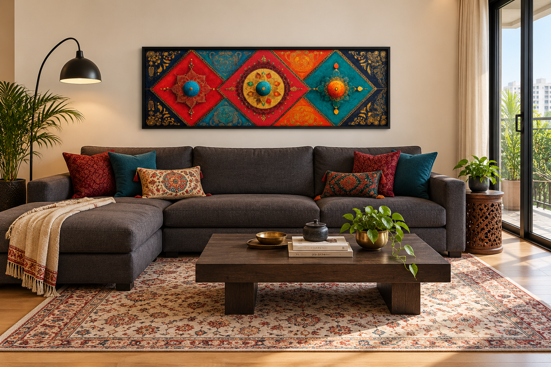 Modern long horizontal Indian canvas wall art with colorful geometric patterns above a dark sofa.