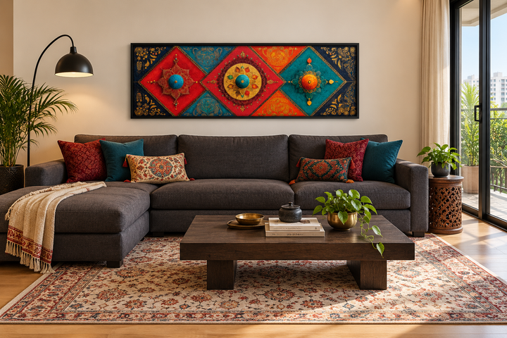 Modern long horizontal Indian canvas wall art with colorful geometric patterns above a dark sofa.