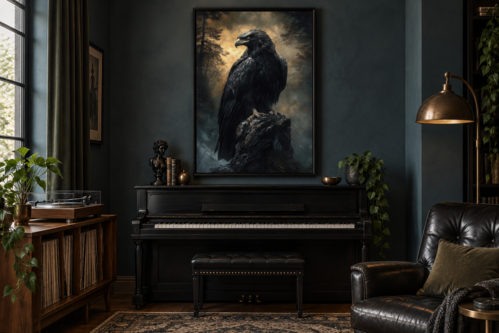Moody dark gothic eagle framed canvas wall art hanging above a black piano in a dark room.