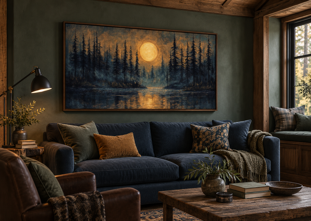 Moody canvas print of a full moon over a pine forest and lake, framed in a rustic living room.