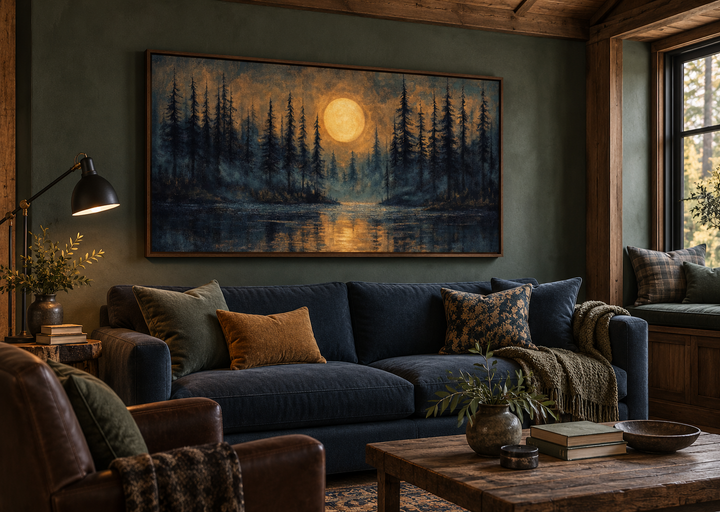 Moody canvas print of a full moon over a pine forest and lake, framed in a rustic living room.