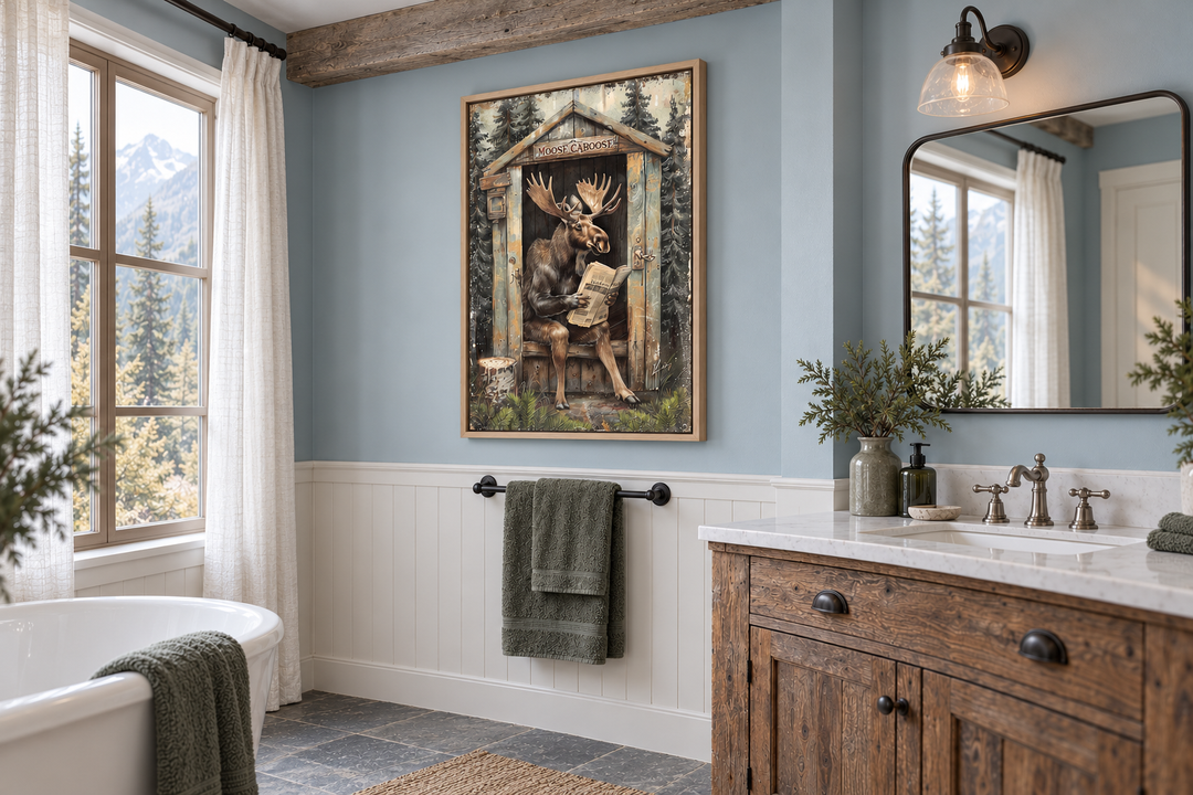 Moose in a wooden outhouse reading a newspaper wall art in a rustic blue and white bathroom.