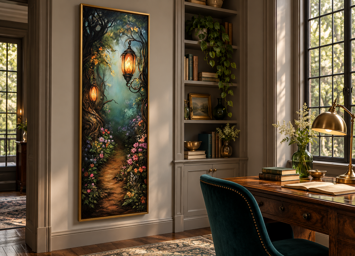 Tall narrow framed wall art of an enchanted forest pathway with glowing lanterns in a study.
