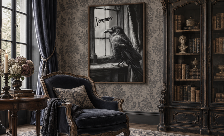 Nevermore gothic wall art with a raven in a walnut frame, styled in a dark academia library.