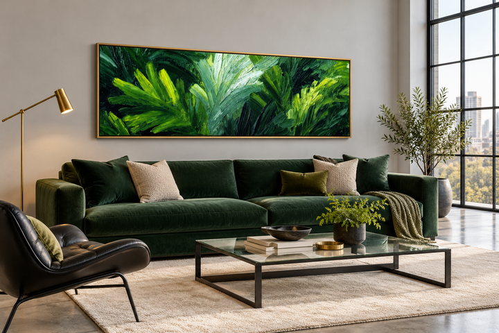 Long horizontal canvas print of lush green rainforest jungle leaves in a gold frame above a sofa.