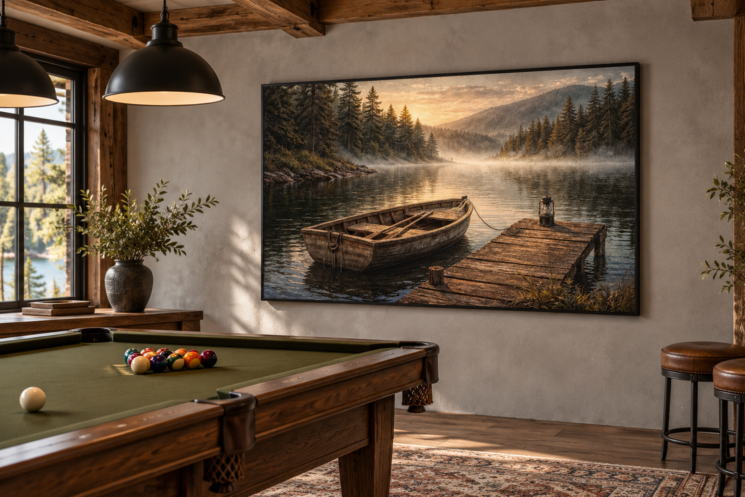 Rustic rowboat painting on canvas in a black frame, hanging in a lodge-style billiards room.