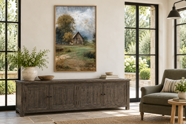 Rustic farmhouse vertical canvas print of a weathered barn in a peaceful countryside landscape.