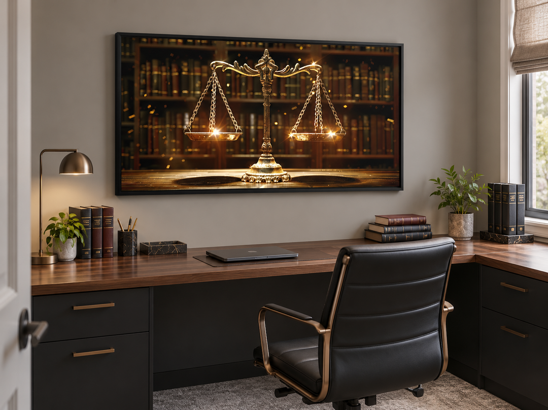Framed canvas print of golden scales of justice hanging above a desk in a professional law office.