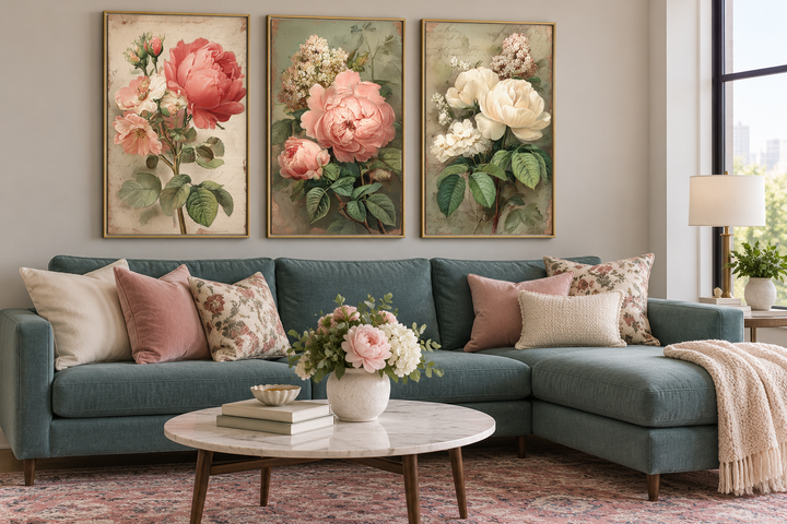 Set of 3 vintage rose botanical wall art prints in gold frames above a teal sectional sofa.