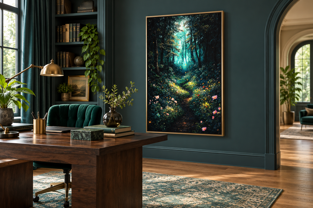 Enchanted forest framed canvas wall art with mystical lights in a dark green home office setting.