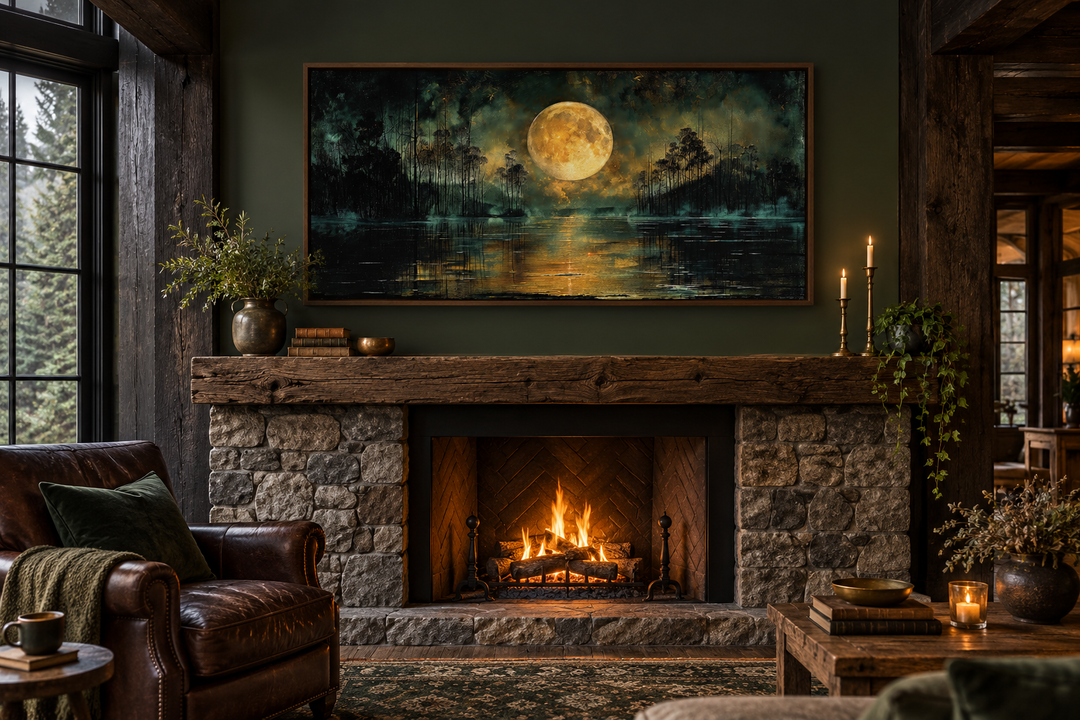 Moody night lake canvas print with a full yellow moon above a stone fireplace in a rustic cabin.