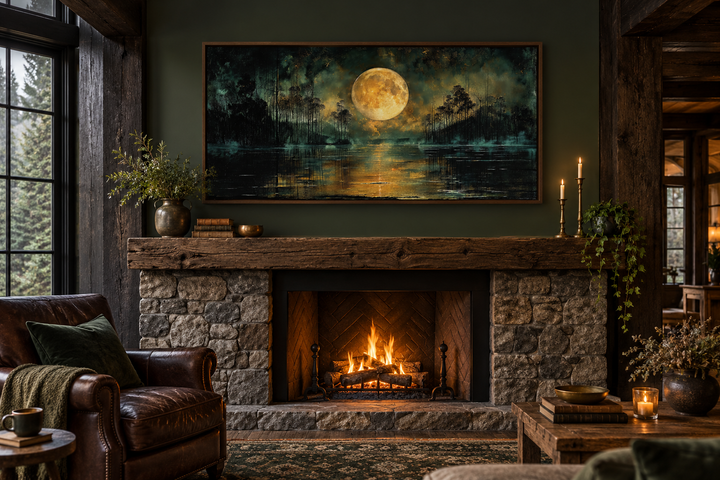Moody night lake canvas print with a full yellow moon above a stone fireplace in a rustic cabin.