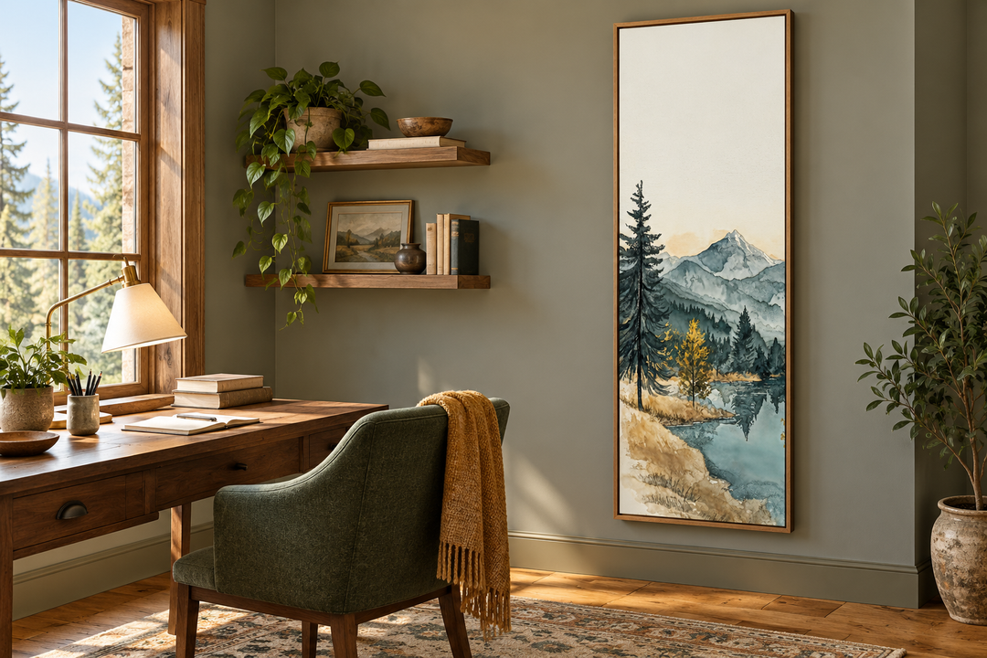 Toile murale verticale haute et étroite représentant un lac de montagne.