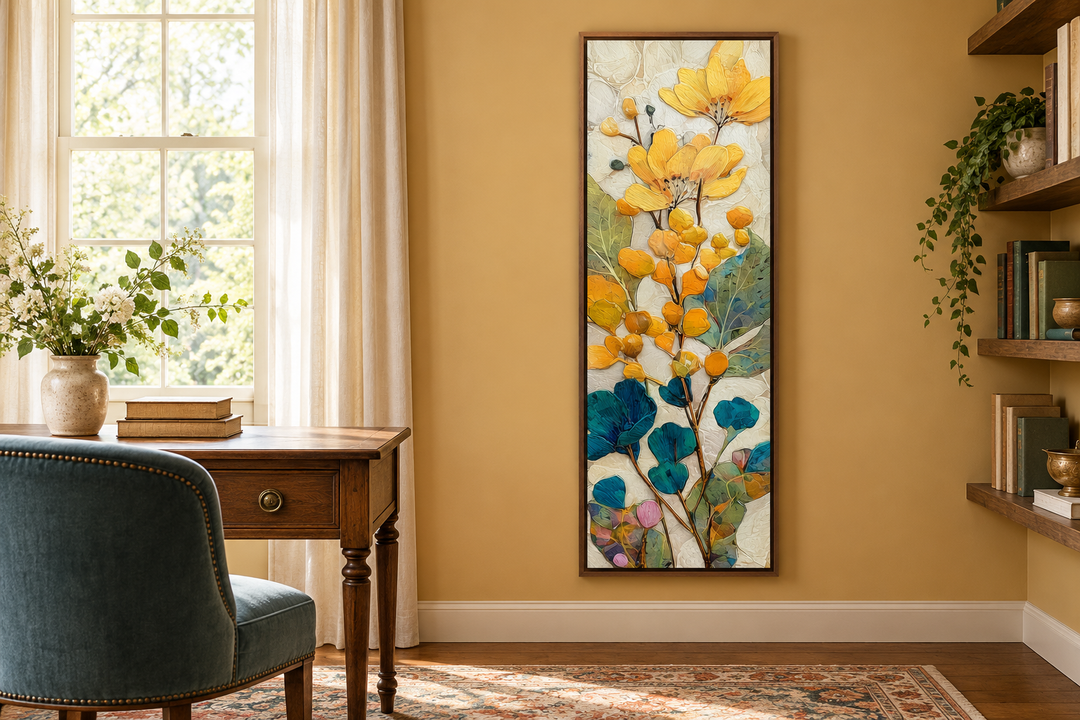 Tall narrow vertical canvas wall art with yellow and blue floral botanical design in a wood frame.