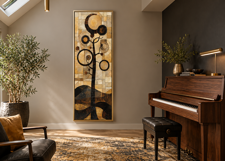Tall vertical mid-century modern canvas wall art featuring a geometric tree in gold and black.