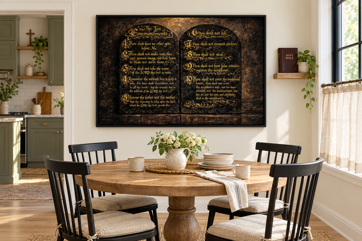 Dark gold Ten Commandments canvas wall art in a black frame above a wooden dining table.