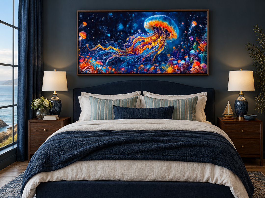Underwater Scene With Trippy Jellyfish Framed Canvas Wall Art above a bed in a dark blue bedroom.