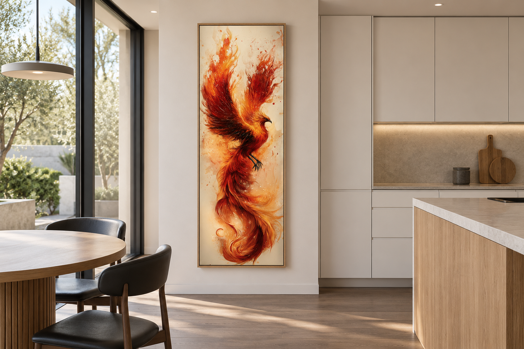 Tall narrow framed canvas wall art of a fiery orange and red phoenix rising on a beige background.