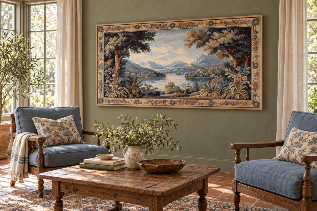 Antique river landscape framed tapestry canvas wall art above two blue armchairs in a sunroom.