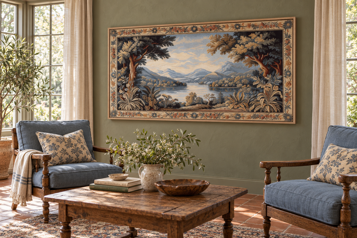 Antique river landscape framed tapestry canvas wall art above two blue armchairs in a sunroom.