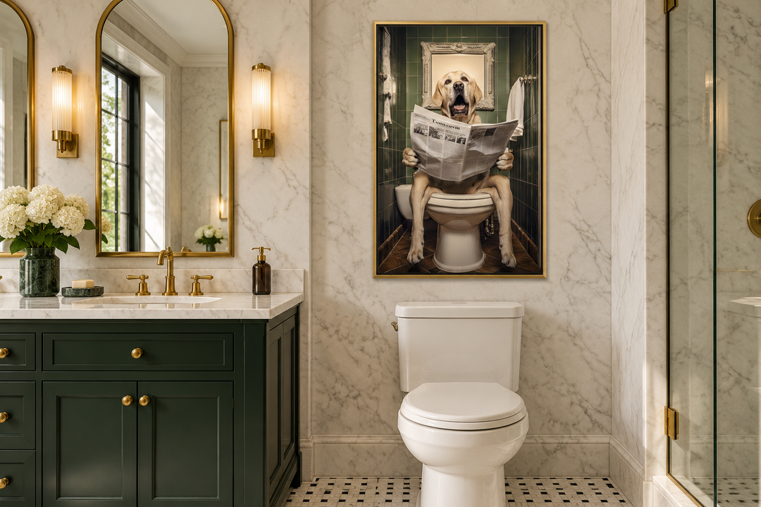 Framed wall art of a white Labrador Retriever sitting on a toilet reading a newspaper in a bathroom.