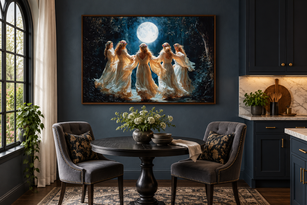 Wiccan Goddesses dancing in a forest under a full moon, framed canvas art in a dark dining room.