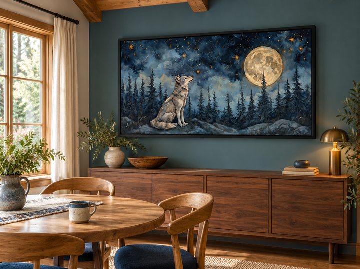 Wolf wall art canvas featuring a wolf under a full moon in a night forest, framed in a dining room.