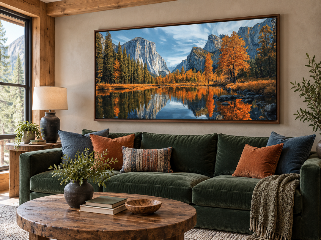 Framed Yosemite National Park canvas painting above a green sofa in a rustic living room.