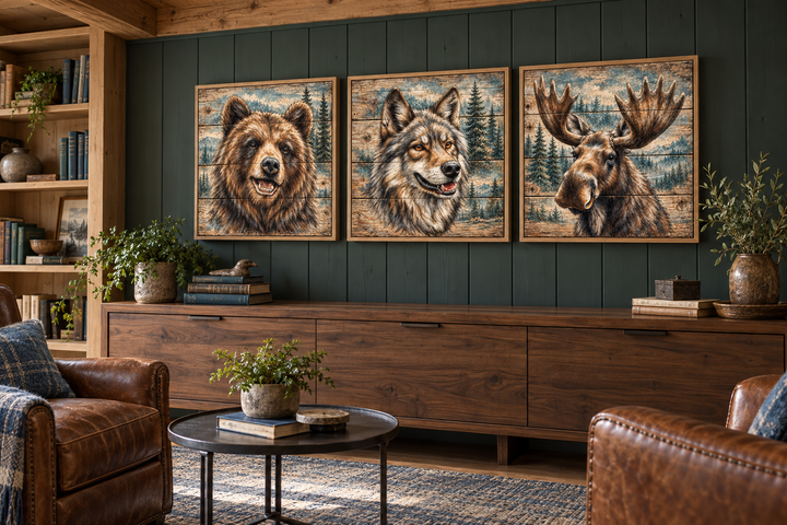 Set of three framed wildlife canvas prints featuring a bear, wolf, and moose in a rustic cabin room.