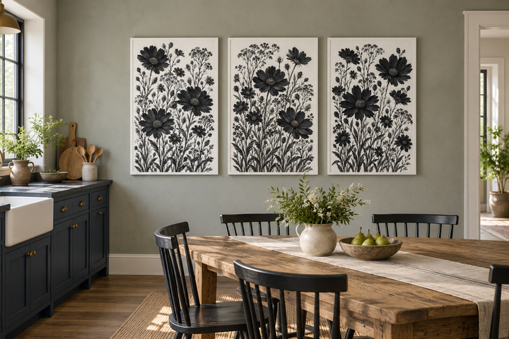 Set of 3 black and white wildflower canvas prints on a sage green wall in a rustic dining room.