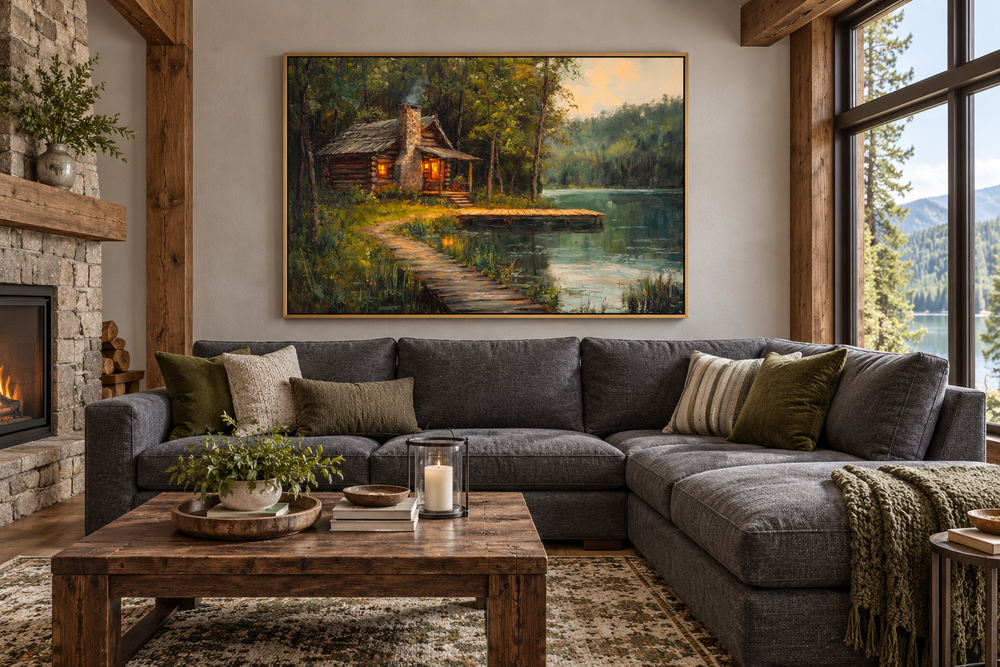 Cabin On The Lake Framed Canvas Wall Art hanging in a rustic living room above a grey sectional.