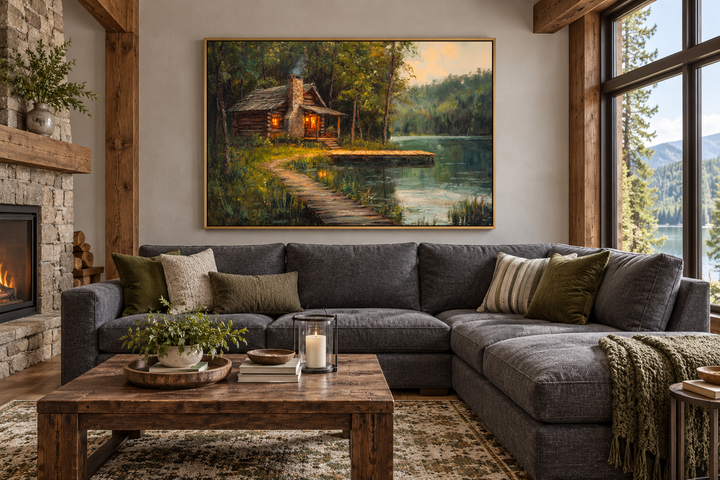 Cabin On The Lake Framed Canvas Wall Art hanging in a rustic living room above a grey sectional.