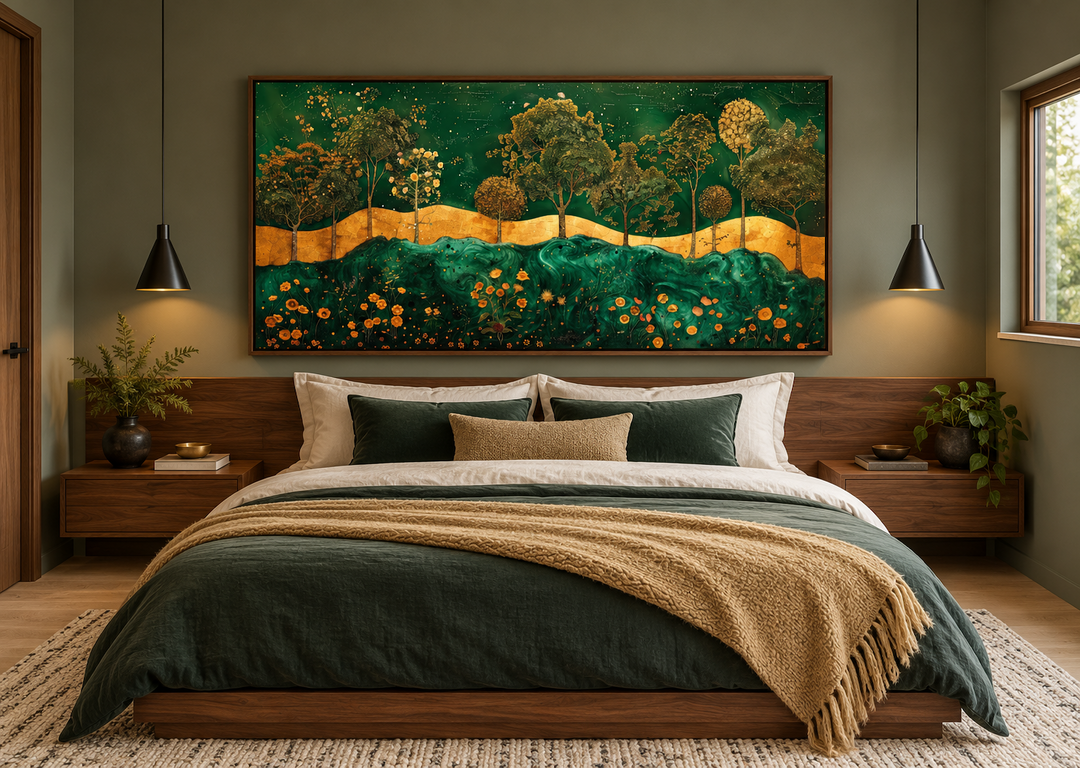 Emerald green and gold Art Nouveau framed canvas print with tree motif above a modern bed.