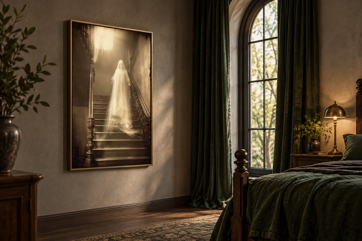 Framed canvas wall art of a ghostly figure on a staircase in a moody, dark bedroom setting.