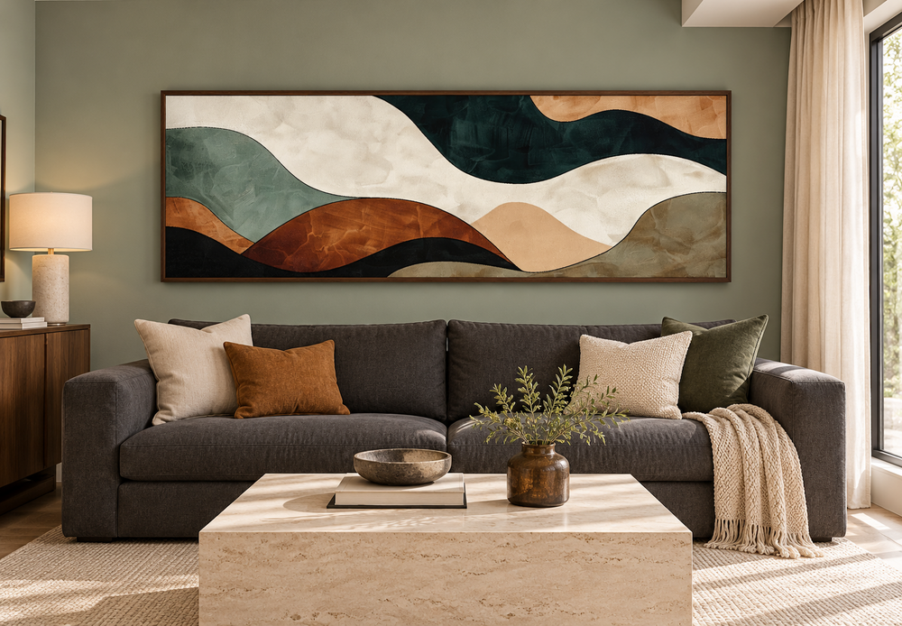 Horizontal canvas wall art with green and brown abstract waves above a dark grey sofa.