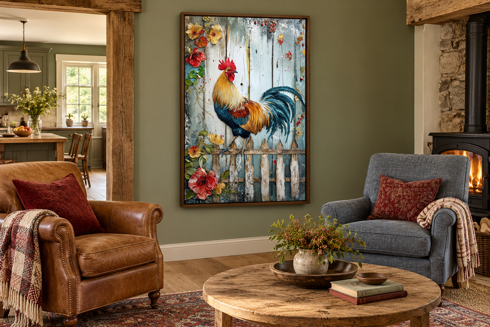Rooster On The Fence rustic farmhouse framed canvas wall art in a cozy living room setting.