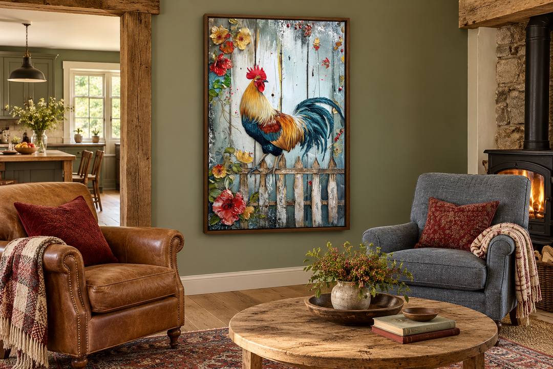 Rooster On The Fence rustic farmhouse framed canvas wall art in a cozy living room setting.