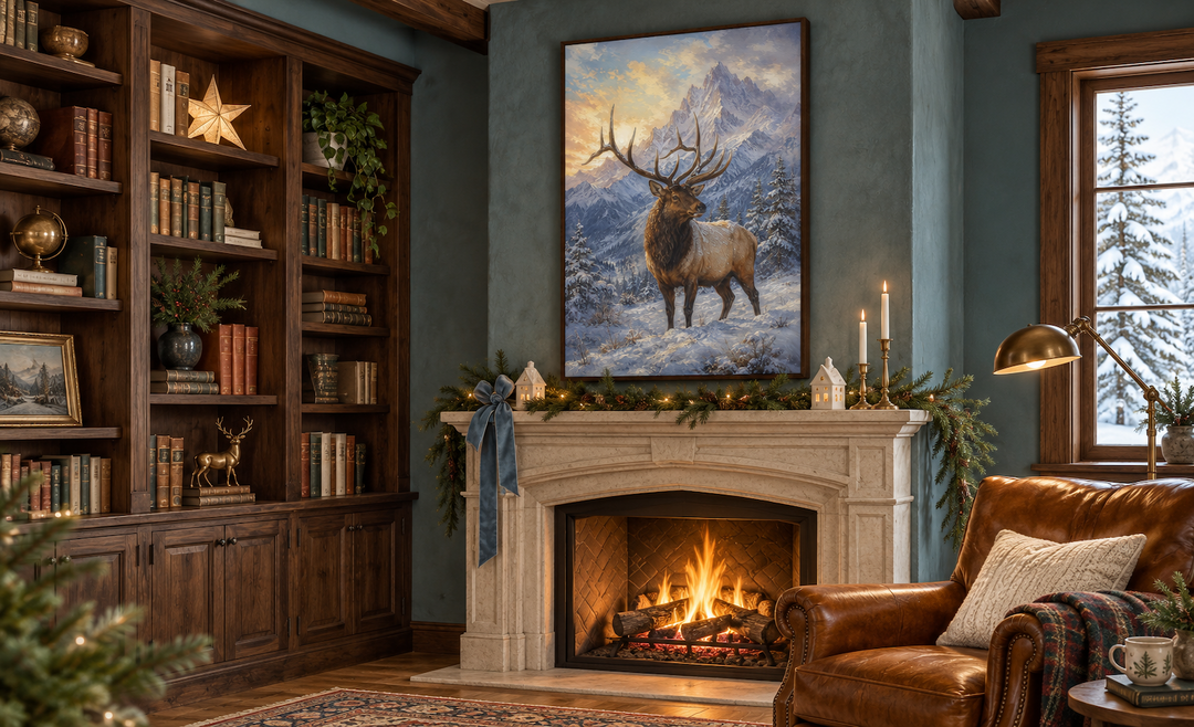 Elk in Snowy Mountains framed canvas wall art hanging above a fireplace in a cozy winter cabin.