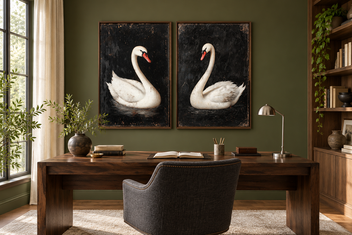 Set of 2 framed canvas prints featuring white swans on a black background in a home office.